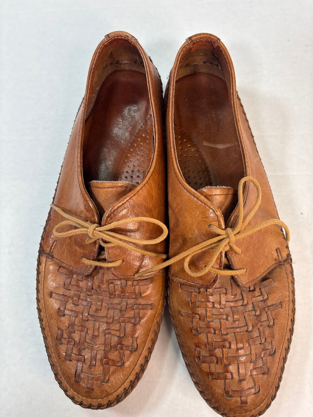 Vintage Dexter Brown Woven Leather Lace Up Flats 10M